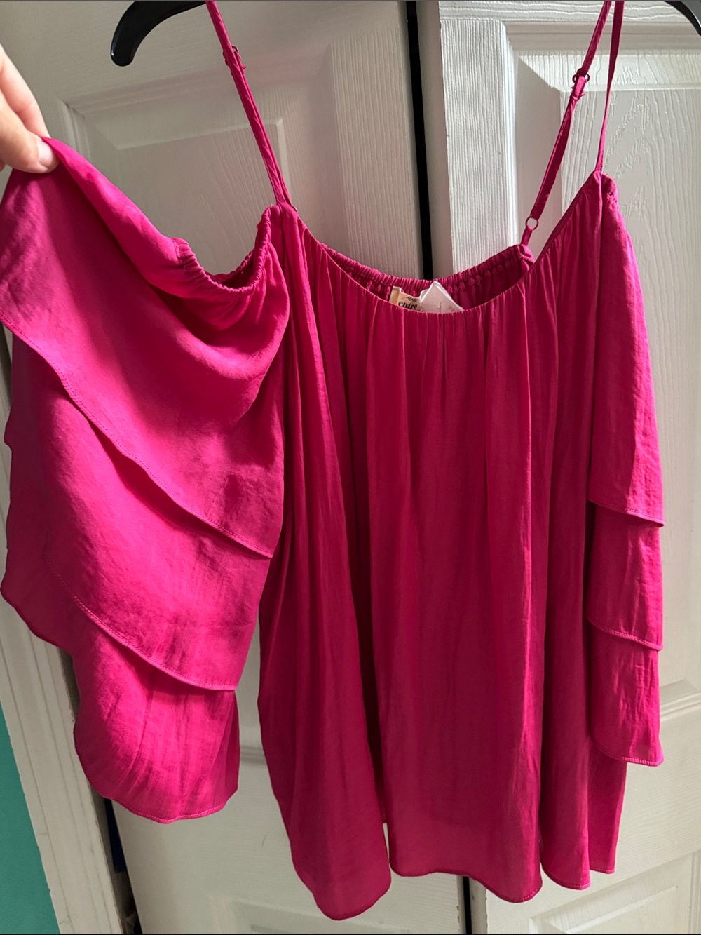 ENTRO Hot Pink Ruffled Cold Shoulder Top